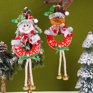 Christmas snowman and reindeer hanging ornaments with bells and Feliz Navidad rings