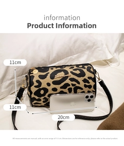 Leopard print canvas crossbody bag showing real-size comparison next to a smartphone