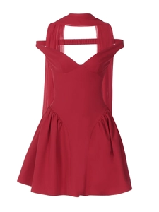 Elegant deep red V-neck mini dress with halter neck and long flowing shoulder ribbons