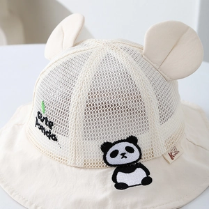 Beige kids panda sun hat with breathable mesh and cute 3D ears for outdoor protection
