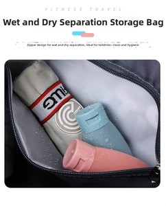 Detail view of water resistant dry wet separation pocket for gym and travel bag