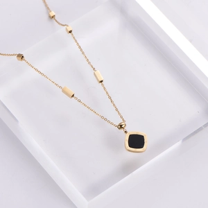 Minimalist Roman Numerals Pendant Necklace 18K Gold Plated Stainless Steel Black Inlay Geometric Beads Clavicle Chain