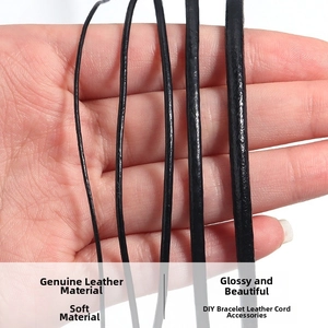 Detail of genuine black leather cords in four diameters for DIY bracelet crafting