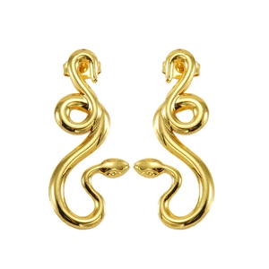 Macro shot of gold stainless steel earrings with glossy coiled snake design