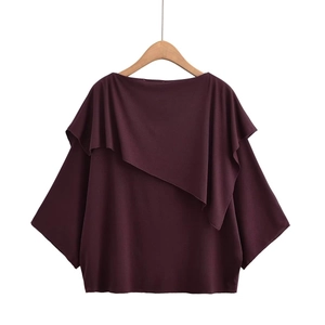 Women Blouse Asymmetric Layered Ruffle Long Sleeve Chiffon Loose Casual Boat Neck Top Burgundy