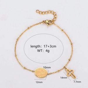 Minimalist gold stainless steel cross and oval coin pendant bracelet with size markings