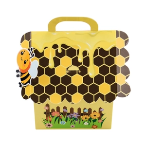 Creative yellow bee theme candy gift box with honeycomb patterns and handle
