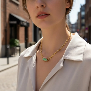 Golden paperclip chain necklace with a colorful Amour cylindrical pendant for women