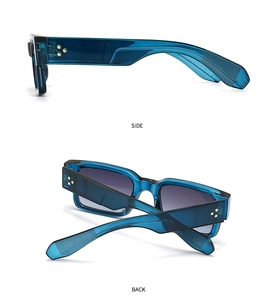 Side and back view of blue transparent square sunglasses with gold star rivets