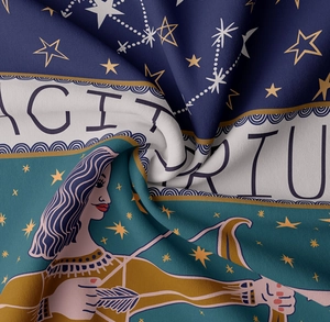 Detailed macro view showing the Sagittarius constellation textile texture and golden print