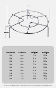 Detailed size chart for 304 stainless steel steaming racks with diameter and height specs