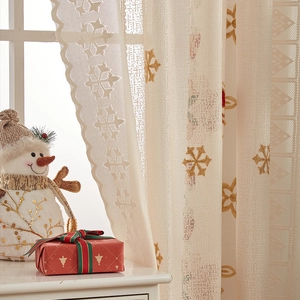Cream lace Christmas curtain with snowflake embroidery and elegant scalloped lace edges