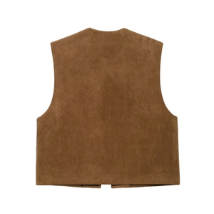 Back view of a brown ethnic style suede embroidered waistcoat with round neck design
