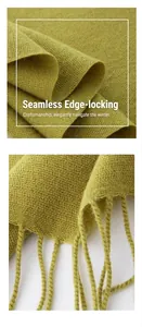 Macro detail of grass green knit scarf showing textured weave and handmade tassel edges