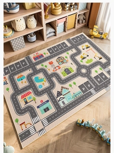 Detailed city road map carpet showing hospital and buildings on a soft beige mat