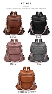 Detail view of five retro PU leather backpacks featuring woven straps and tassels