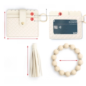 Beige woven leather card holder keychain set with silicone beaded wristlet and tassels