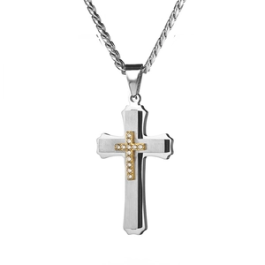 Men's layered stainless steel cross necklace with gold accent and zircon stones