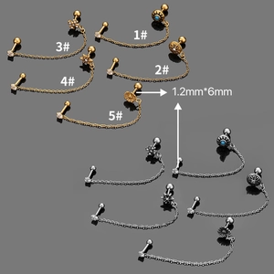 Gold and silver 316L stainless steel ear studs with zircon charms and linking chains