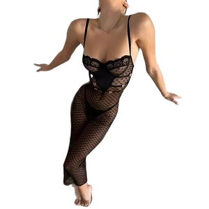 Sexy black lace polka dot sheer bodycon maxi dress with spaghetti straps for women