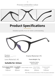 Detailed specs of cat-eye anti-blue light glasses with durable metal hinges and black frame