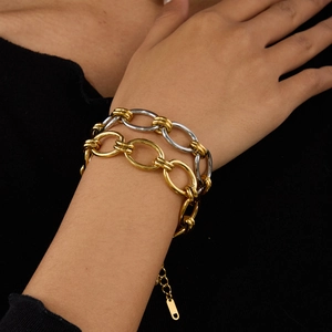 Chunky Chain Bracelet Stainless Steel Bicolor Gold Silver Adjustable Industrial Modern Style Jewelry For Women Hypoallergenic