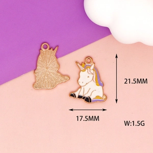 Detail showing dimension 21.5x17.5mm of enamel unicorn charm with gold alloy plating