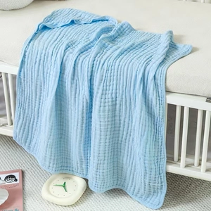 Detail view of light blue 6-layer cotton gauze baby hooded towel with quilted texture