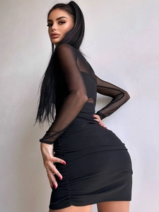 Sexy black mesh patchwork bodycon dress with long sleeves and flattering ruched details