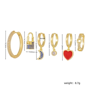 Detailed size guide of 6-piece gold earring set with heart, moon, and lock charms