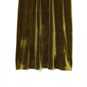 Olive green velvet strap dress with glossy texture and elegant drape detail