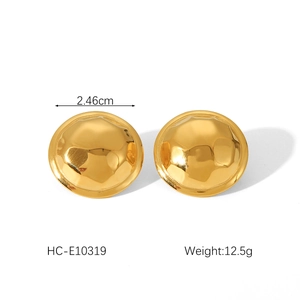 Detail view of 18K gold plated stainless steel dome earrings with size and weight metrics