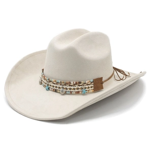 Chapeau De Cowboy Occidental Suédine Bohème Fedora À Large Bord Avec Bande Tissée Ethnique Pendentifs Étoile De Mer Coquille Chapeau Jazz