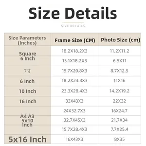 Detailed size chart for retro wooden picture frames showing dimensions from 6 inch to A3