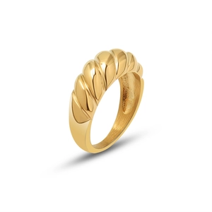 Retro style 18k gold plated stainless steel dome croissant ring with ribbed wave texture
