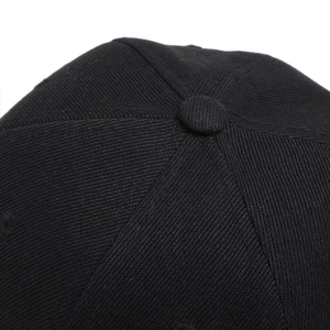 Macro shot of the black twill baseball cap crown featuring high-quality stitching and top button
