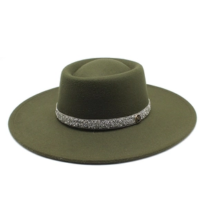 Dark green wool felt fedora hat with wide brim, silver rhinestone band and M metal logo