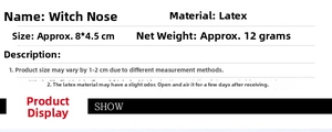 Specifications of latex witch nose for Halloween cosplay including size 8x4.5cm and 12g weight
