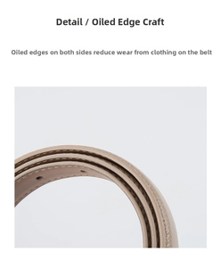 Detail view of khaki leather belt showing edge inking and fine stitching texture