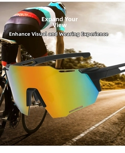 Détail des lunettes de cyclisme avec verres dégradés colorés et monture respirante