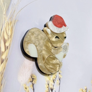 Creative Christmas squirrel acrylic brooch with glitter finish and red festive hat