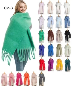 Color chart showing 26 shades of thick mohair scarves with long fringe details