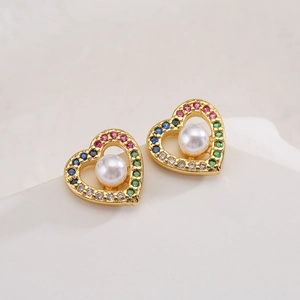 18K gold-plated heart stud earrings with colorful cubic zirconia and white pearls