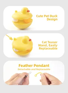 Detail showing detachable feather wand and tumbler base of the yellow duck cat toy