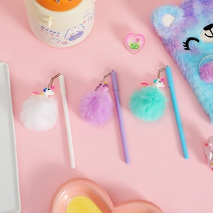 Three creative unicorn gel pens with matching fluffy pompom pendants for student gifts