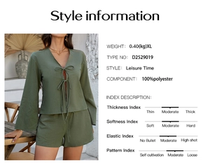 Details zum grünen Freizeitset inklusive 100% Polyester Material und Stoffmerkmalen