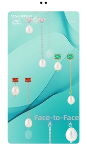 Detailed macro view of S925 sterling silver pearl earrings with colorful zircon stones