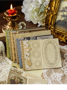 Macro shot of vintage embroidery lace pattern paper on decorative aesthetic background