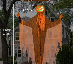 Hanging Halloween ghost with glowing pumpkin head and 48-inch orange black gauze body