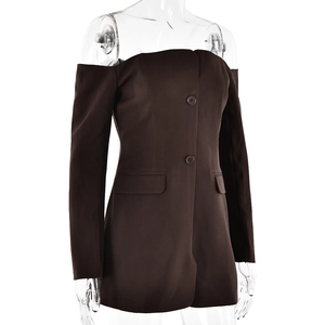 Detail view of deep brown off-shoulder long sleeve blazer romper with double buttons